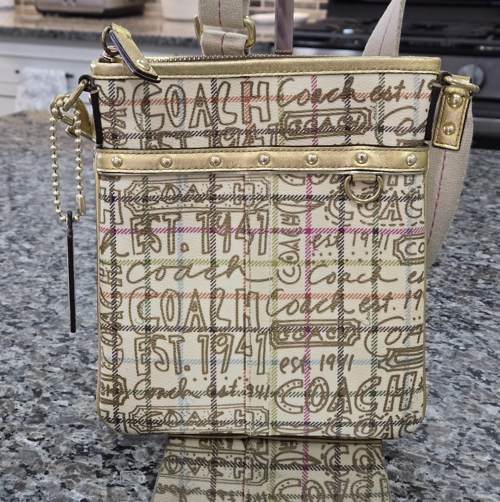 Coach Cream Signature Script Crossbody with Gold Trim